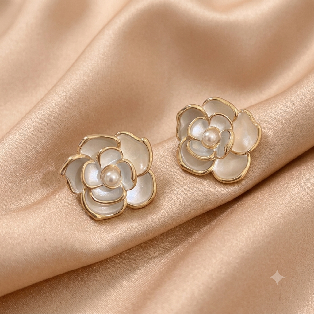 Vergoldete Edelstahl-Ohrstecker mit Kamelien-Blüten & Perle – Elegante Blumen-Ohrringe