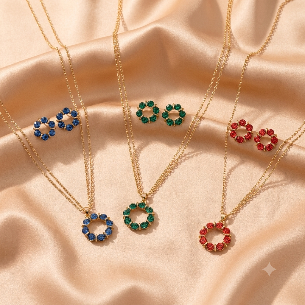 Elegantes Edelstahl Schmuck-Set: Zirkonia Kreis-Anhänger & Ohrringe (Verfügbar in Blau, Grün, Rot)