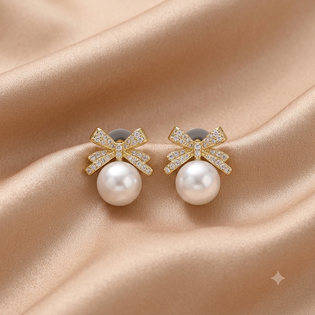 Elegante Edelstahl-Ohrstecker mit Schleife und Perle – Vergoldete Statement-Ohrringe mit Zirkonia