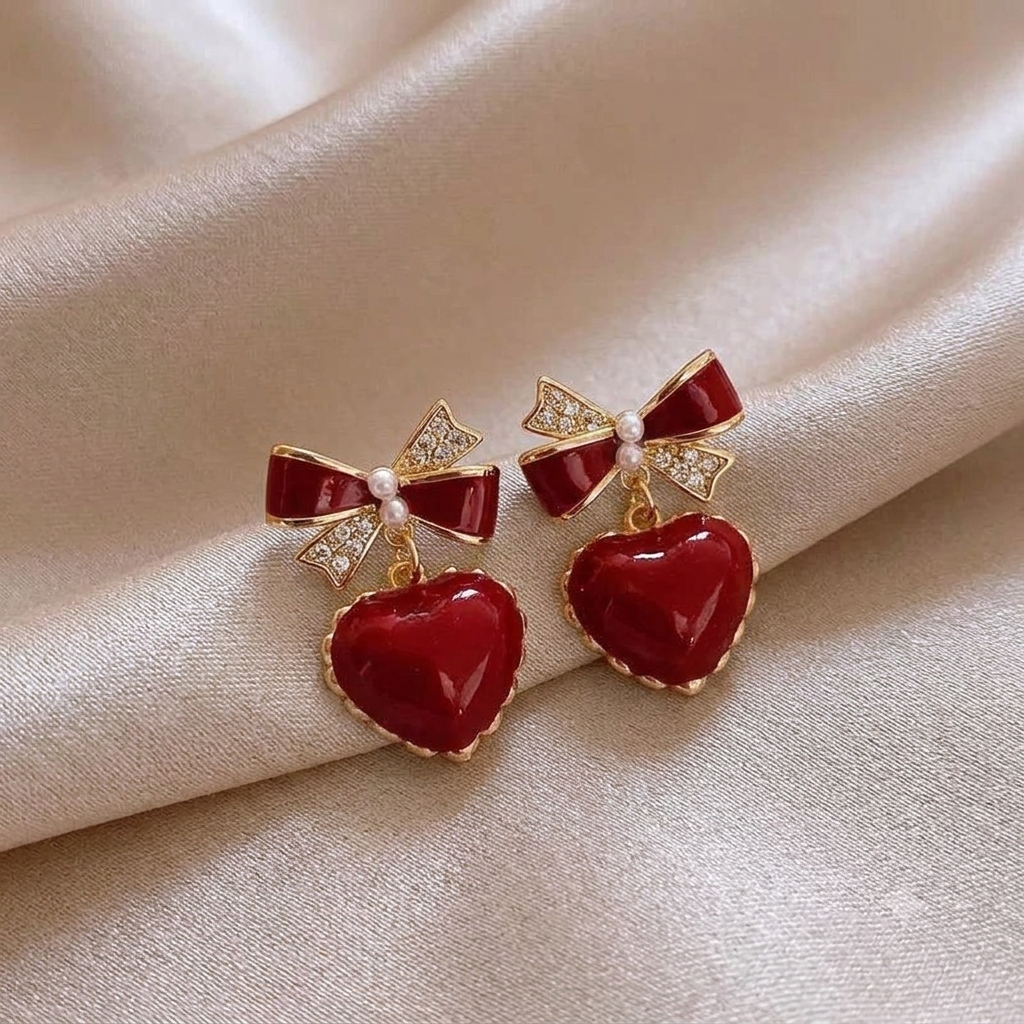 Elegante Herz-Ohrringe in Gold mit roter Schleife & Perlen-Details