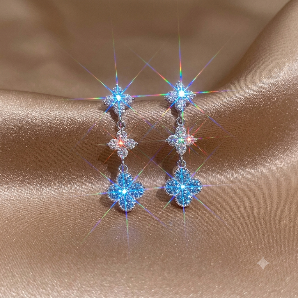 Elegante Edelstahl-Hängeohrringe mit funkelnden Kleeblättern – Silberne Statement-Ohrringe mit Zirkonia
