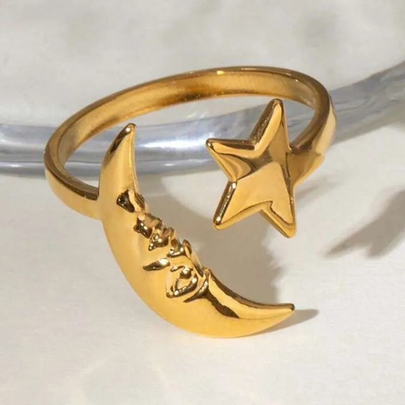 Verstellbarer Edelstahl-Ring Mond & Stern in Gold & Silber – Himmelsschmuck für Damen