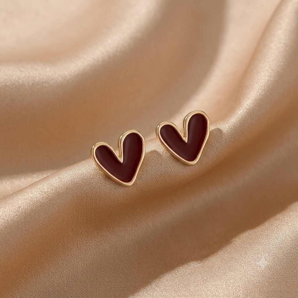 Herz-Ohrstecker aus Edelstahl mit roter Emaillierung und Gold-Finish