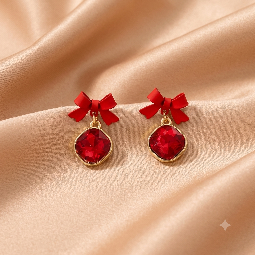 Edelstahl Schleifen-Ohrstecker mit rotem Stein | Rote Bow Drop Earrings Goldfarben