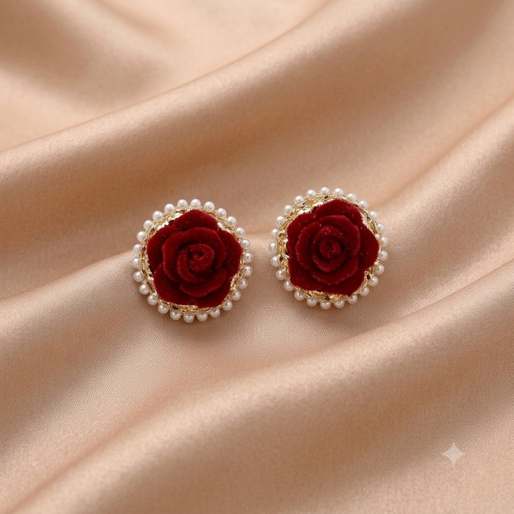 Elegante Edelstahl-Ohrstecker mit roter Samt-Rose und Perlenrand – Vergoldete Statement-Ohrringe