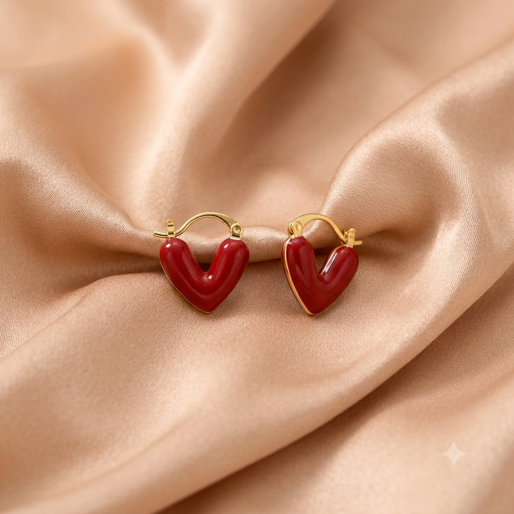 Herz-Creolen Rot – Edelstahl (Stainless Steel), Goldfarben