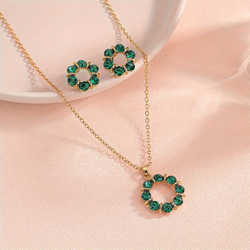 Elegantes Edelstahl Schmuck-Set: Zirkonia Kreis-Anhänger & Ohrringe (Verfügbar in Blau, Grün, Rot)