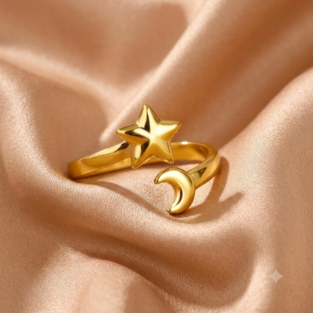 Vergoldeter Edelstahl-Ring mit Stern & Mond – Himmlischer Statement-Ring