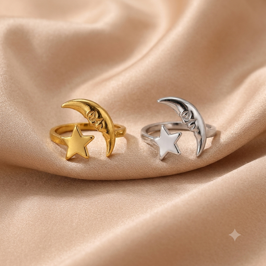 Verstellbarer Edelstahl-Ring Mond & Stern in Gold & Silber – Himmelsschmuck für Damen